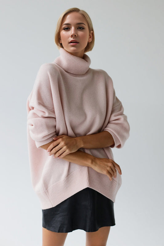 Basic Bae Turtleneck Dropped Shoulder Long Sleeve Sweater in Blush Pink - Long Sweater (top)