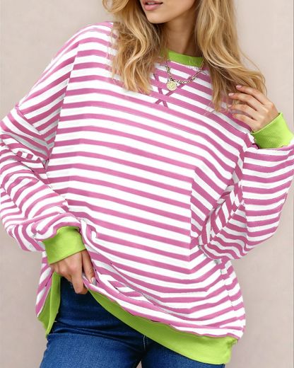 Baya Striped Contrast Trim Drop Shoulder Sweatshirt - Pink Rose Red (top) - sweatshirt pink, shoulder s - shop at us.meeeshop