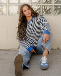 Baya Striped Contrast Trim Drop Shoulder Sweatshirt - Black White Stripe (top) - sweatshirt black, shou - shop at us.meeeshop