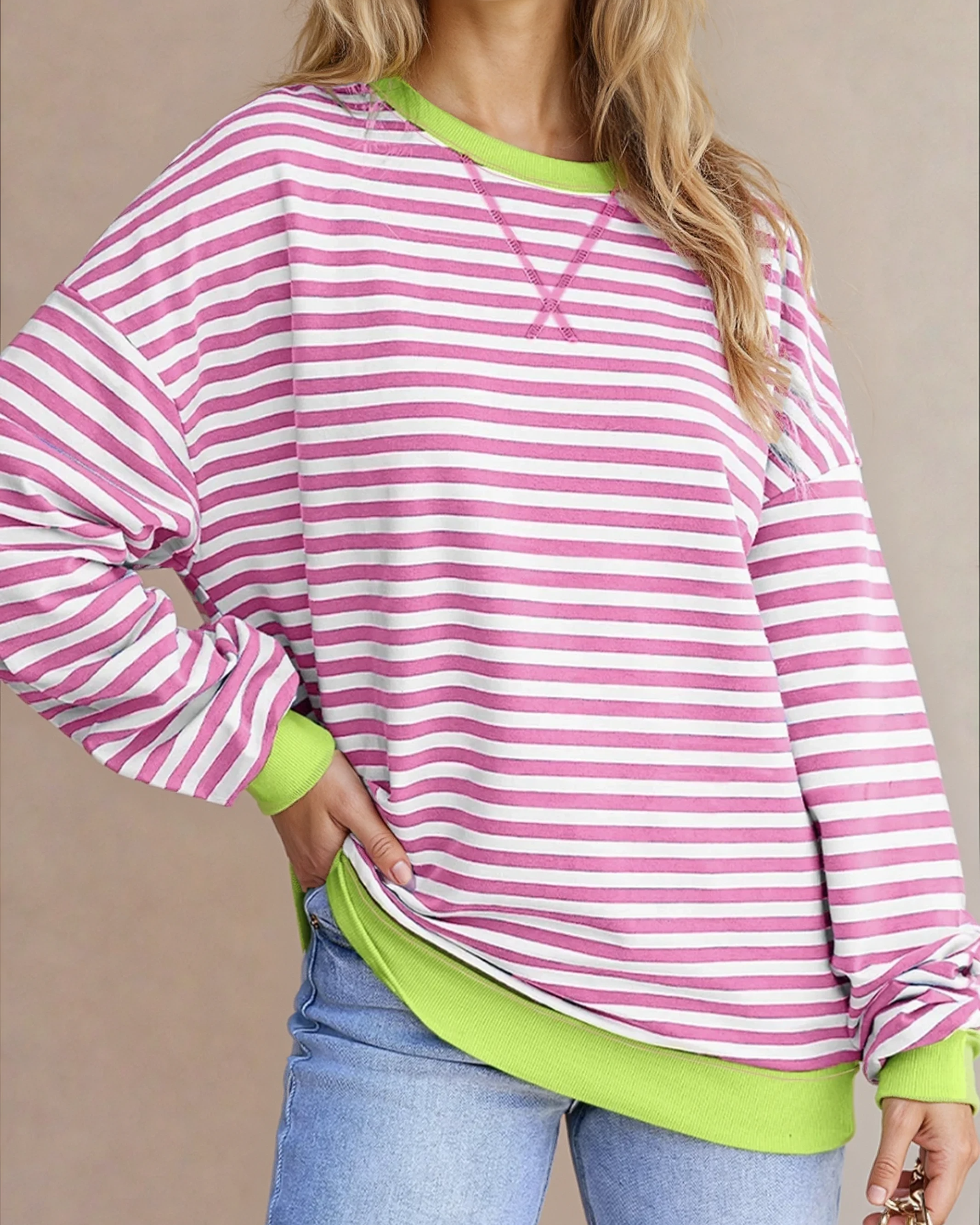 Baya Striped Contrast Trim Drop Shoulder Sweatshirt - Pink Rose Red view 3 (top) - sweatshirt pink, sho - shop at us.meeeshop