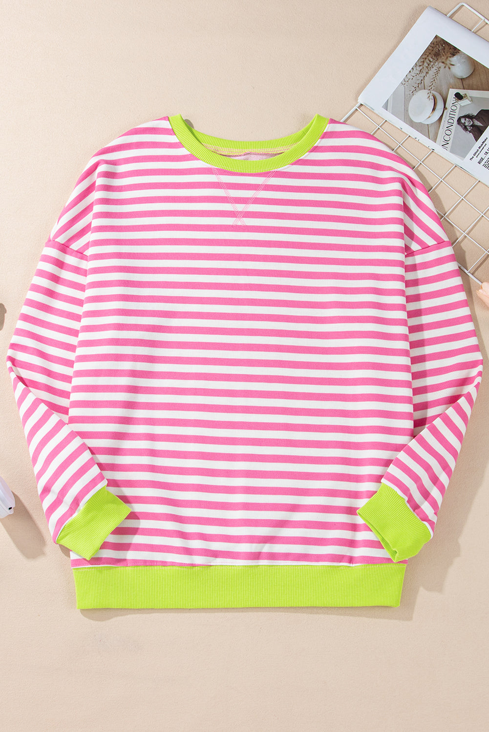 Baya Striped Contrast Trim Drop Shoulder Sweatshirt - Pink Rose Red view 4 (top) - sweatshirt pink, sho - shop at us.meeeshop