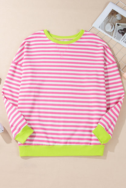 Baya Striped Contrast Trim Drop Shoulder Sweatshirt - Pink Rose Red view 4 (top) - sweatshirt pink, sho - shop at us.meeeshop