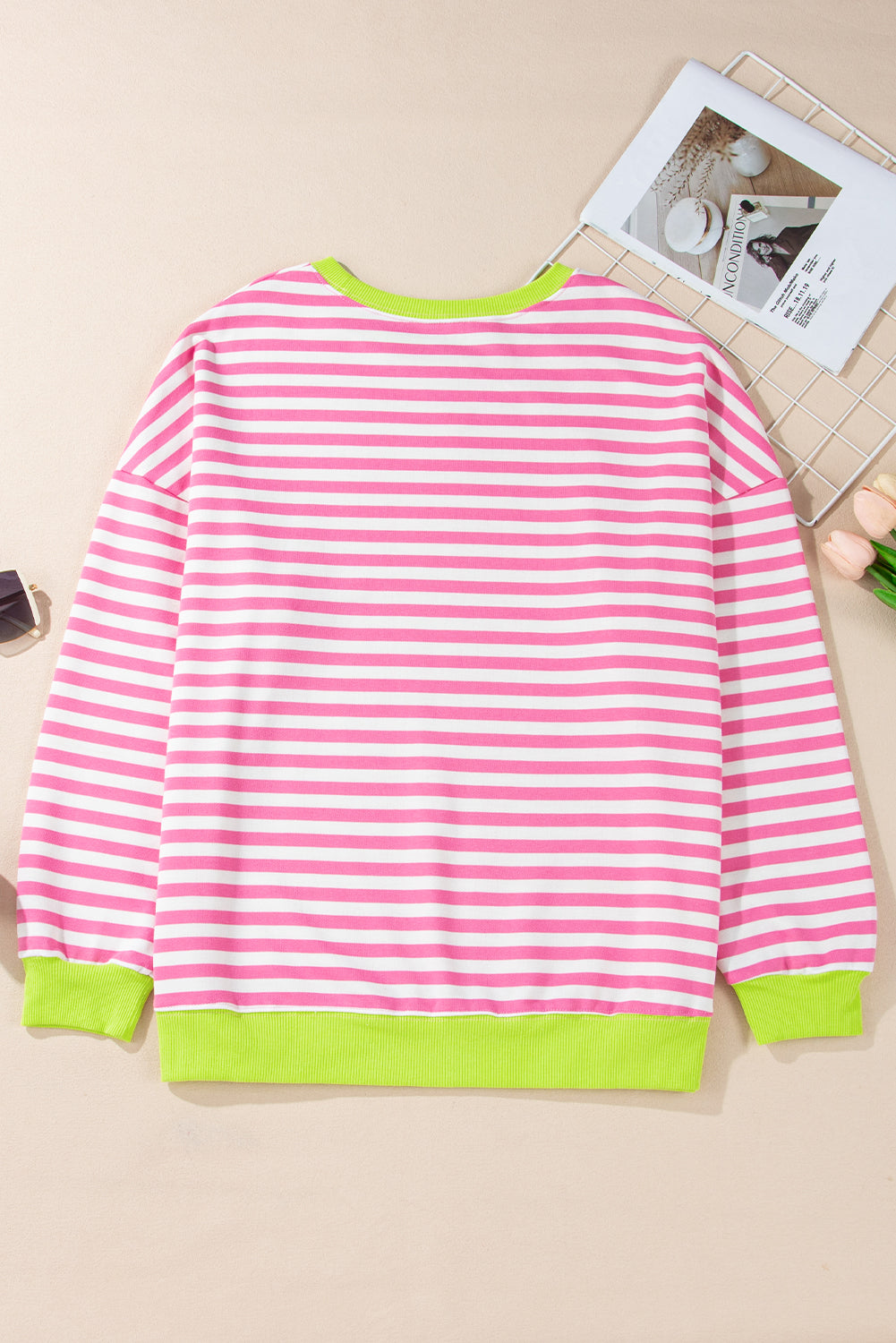 Baya Striped Contrast Trim Drop Shoulder Sweatshirt - Pink Rose Red view 5 (top) - sweatshirt pink, sho - shop at us.meeeshop