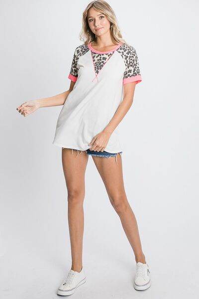 HeimishFull Size Leopard Round Neck Short Sleeve T-Shirt with Stitch Plus Size - us.meeeshop