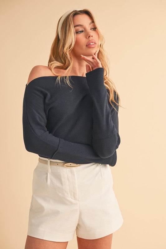 Aemi + Co One Shoulder Long Sleeve Knit Top in Dark Navy - us.meeeshop