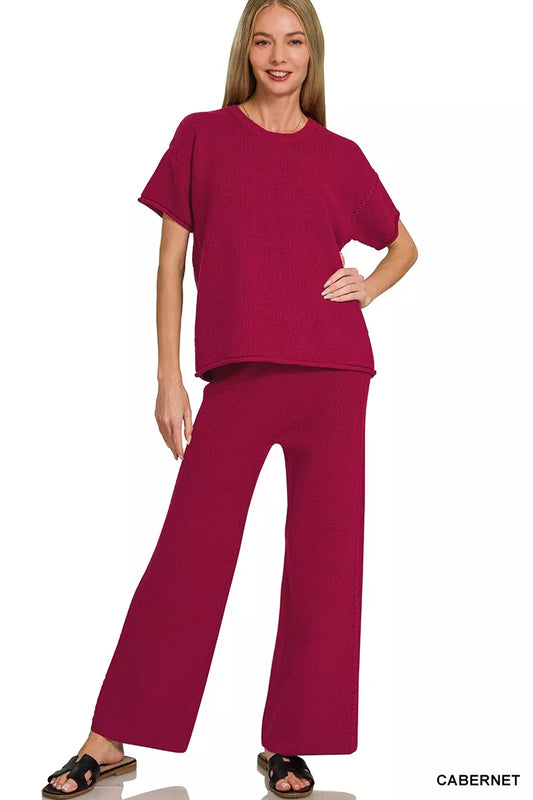 zenana viscose round Zenana Viscose Round Neck Top & Pants Set CABERNET (top) - shop at us.meeeshop