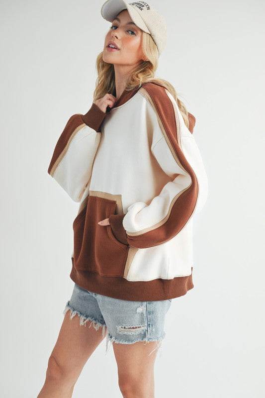 Aemi + Co Color Block Kangaroo Pocketed Hoodie in Oatmeal - us.meeeshop