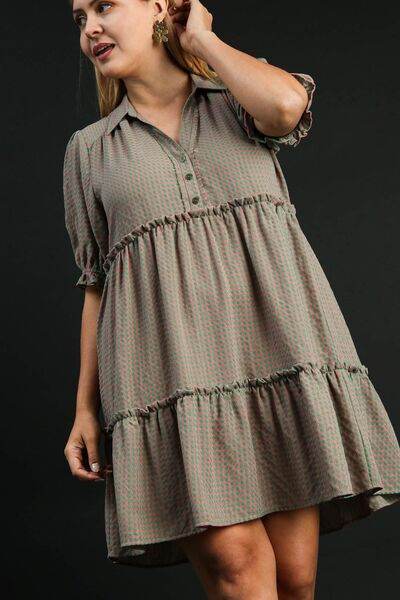 Umgee Plaid Frill Button Detail Ruffled Short Sleeve Dress Plus Size - us.meeeshop