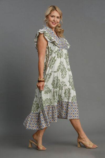 Umgee Mixed Print Ruffle Cap Sleeve Midi Dress Plus Size - us.meeeshop