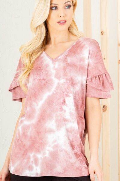 Heimish Full Size Ruffled Sleeve Tie Dye Top Plus Size - us.meeeshop