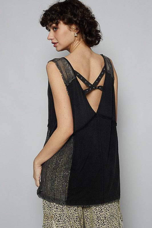 POL Lace Detail Studded Crisscross Back V-Neck Sleeveless Top - us.meeeshop