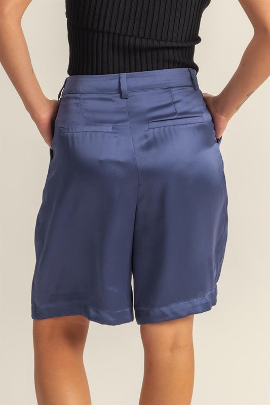 HYFVE High-Waist Pleated Satin Shorts in Dusty Blue - us.meeeshop