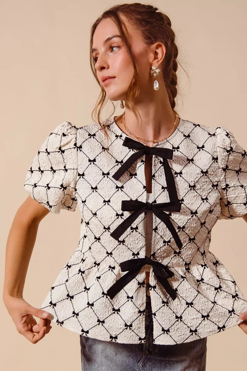 bow texture woven So Me Bow Texture Woven Peplum Top with Contrast Tie view 10 (top) - shop at us.meeeshop