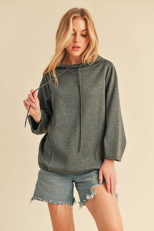 Aemi + Co Lightweight Drawstring Mock Neck Sweatshirt in Charcoal - us.meeeshop