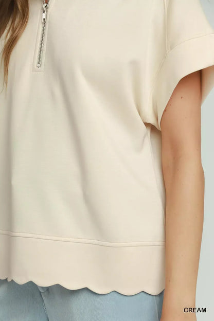 umgee half zip Umgee Half Zip Pullover with Scalloped Edge Hem view 3 (layer) - shop at us.meeeshop