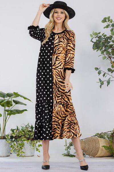 Celeste Polka Dot & Leopard Round Neck Midi Dress Plus Size - us.meeeshop