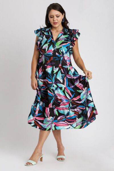 Umgee Leaf Print Double Layered Ruffle Sleeve Tiered Midi Dress Plus Size - us.meeeshop