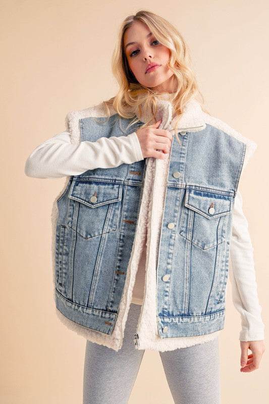 Aemi + Co Fake Two Pieces Denim Patch Sherpa Vest Coat - us.meeeshop