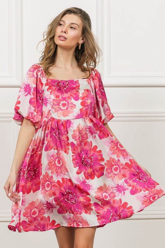 BiBi Floral Square Neck Puff Sleeve Mini Dress - us.meeeshop