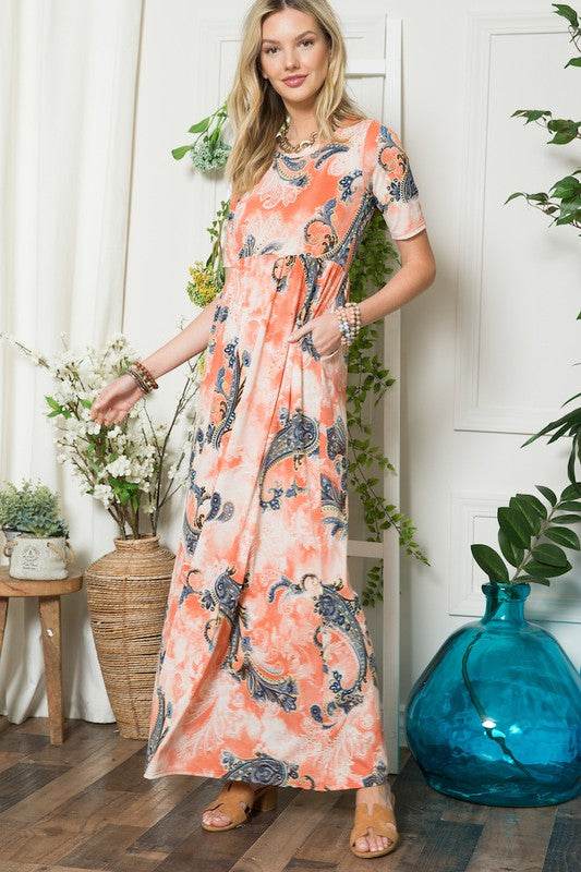 Celeste Paisley Print Short Sleeve Maxi Dress with Pockets - us.meeeshop