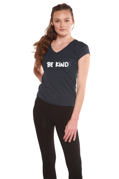 Be Kind Printed Women's Bamboo Viscose/cotton V-neck Cap Sleeve T-shirt in Medium view 2 - King Printed Shirt (top)