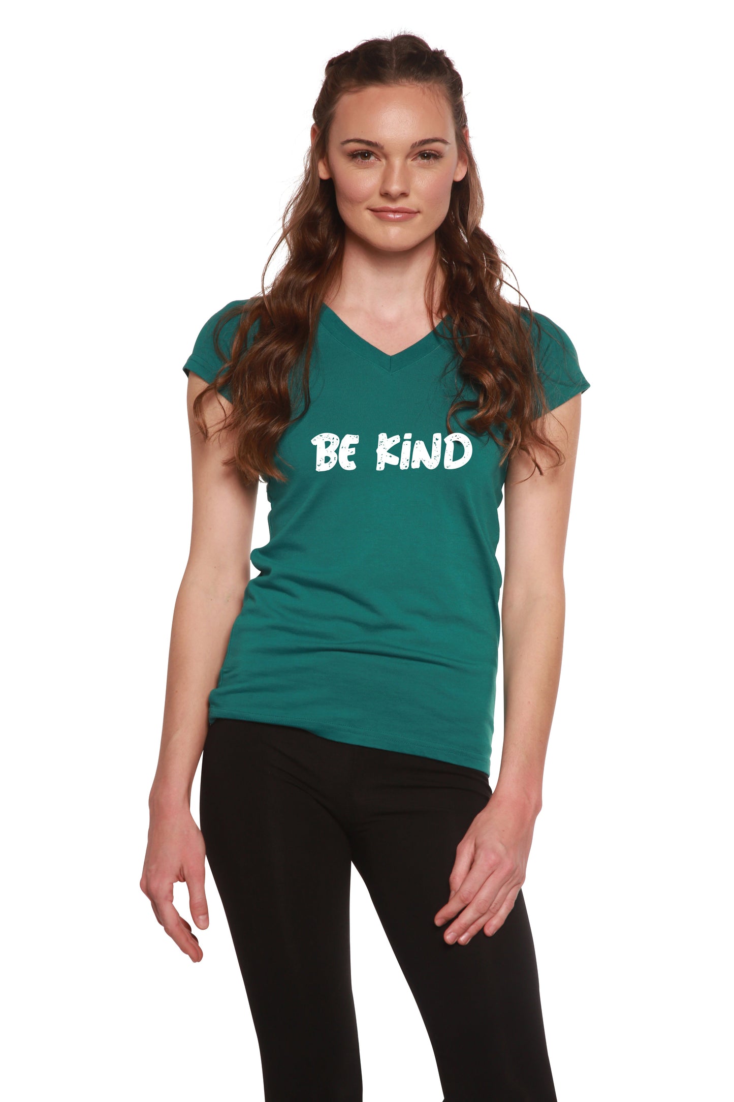 Be Kind Printed Women's Bamboo Viscose/cotton V-neck Cap Sleeve T-shirt in Medium view 3 - King Printed Shirt (top)