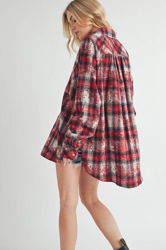 Aemi + Co Washed Plaid Button Up Raglan Sleeve Flannel Shirt in Scarlet - us.meeeshop