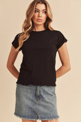 Aemi + Co Lettuce Edge Round Neck Short Sleeve T-Shirt in Black