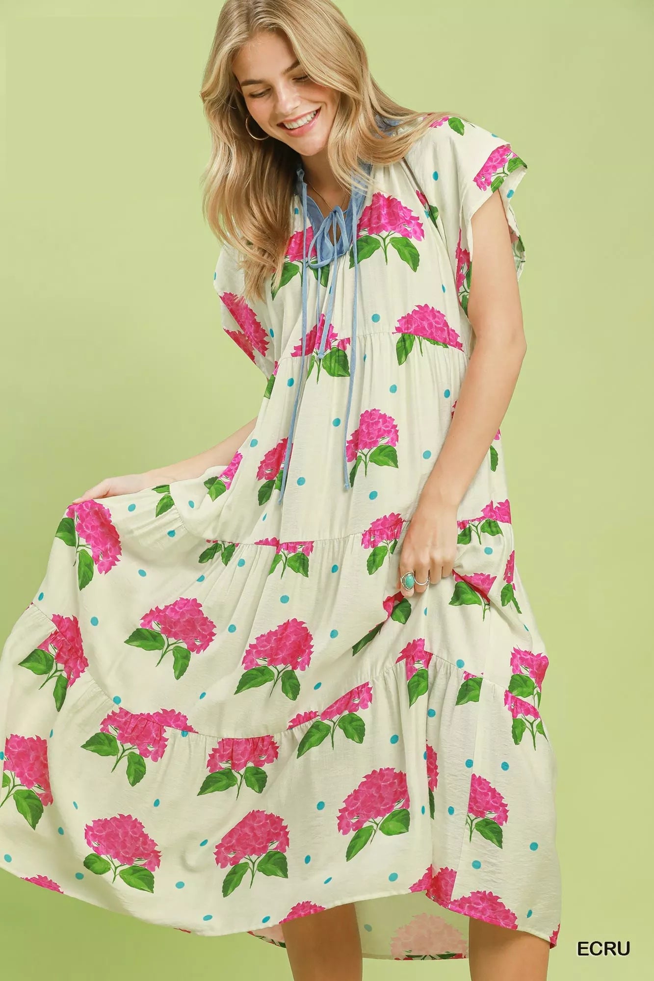 umgee hydrangea print Umgee Hydrangea Print Tiered Midi Dress ECRU (dress) - shop at us.meeeshop