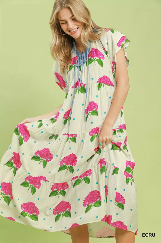 Umgee Hydrangea Print Tiered Midi Dress (women's dresses) - shop at us.meeeshop