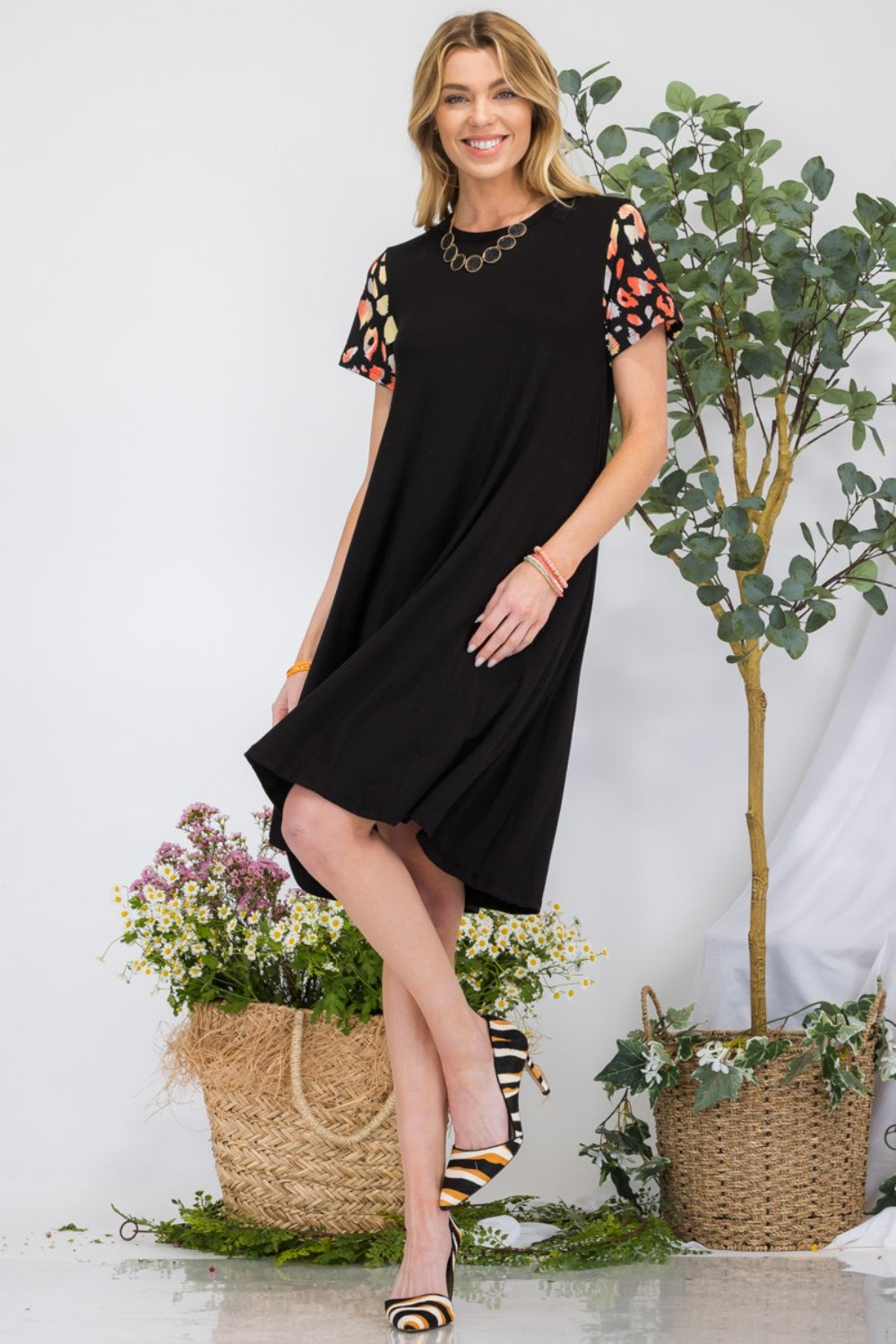 Celeste Full Size Leopard Short Sleeve Dress with Pockets | us.meeeshop