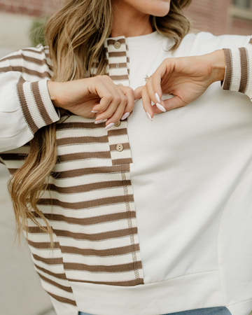 Bennie Stripe Stitched Detail Color Block Pullover Top in Khaki Stripe view 2 - Benny Stripe Pullover