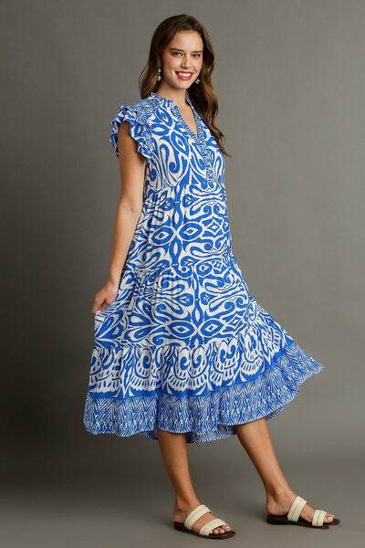 Umgee Two Tone Border Print Ruffle Cap Sleeve Midi Dress Plus Size - us.meeeshop