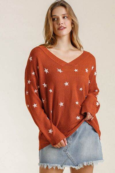 Umgee Star V-Neck Long Sleeve Sweater Plus Size - us.meeeshop