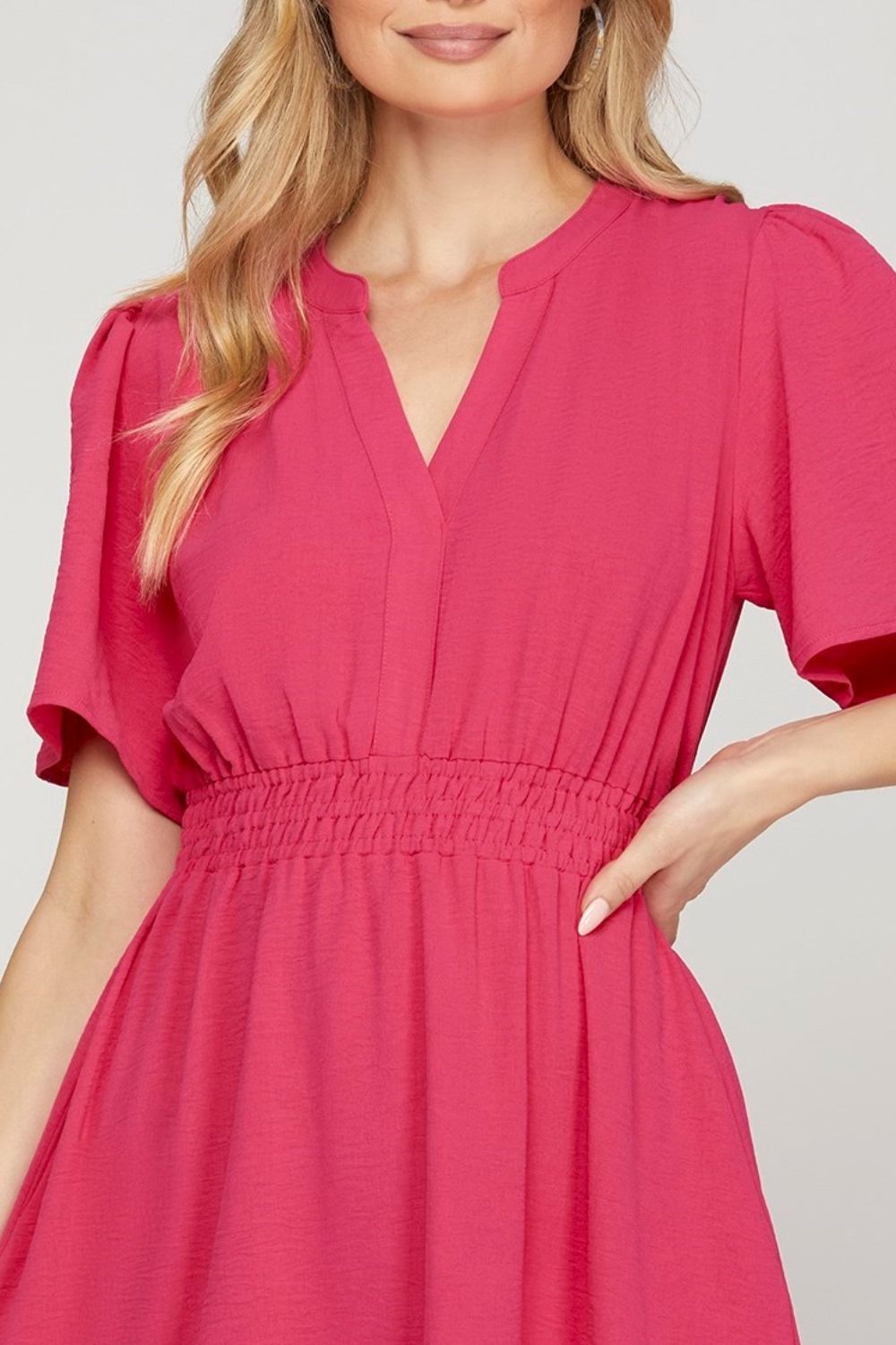 She + Sky Ruffled Hem Notched Flutter Sleeve Mini Dress - us.meeeshop