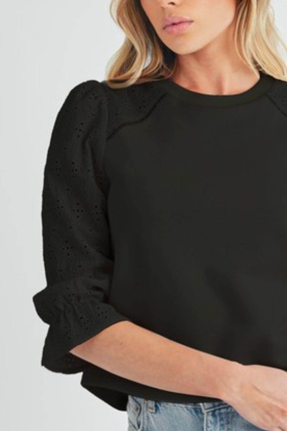 Aemi + Co Embroidered Eyelet Round Neck 3/4 Sleeve Blouse in Black - us.meeeshop