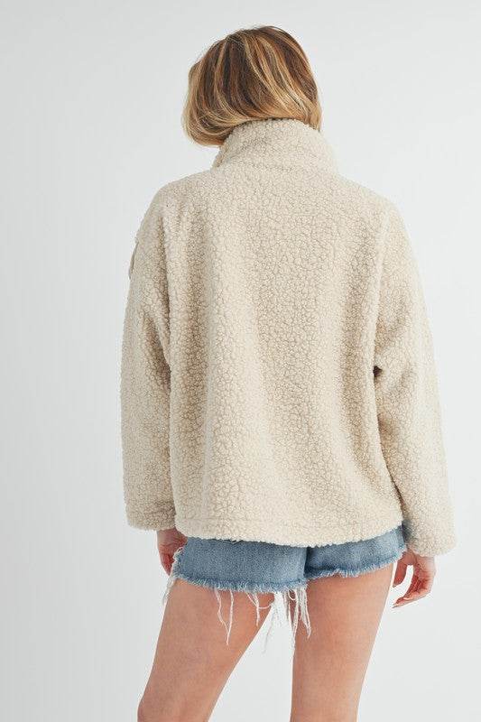 Aemi + Co Fake Two Pieces Turtleneck Sherpa Jacket with Pockets - us.meeeshop