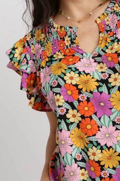 Umgee Floral Printed Smocked Top Plus Size - us.meeeshop