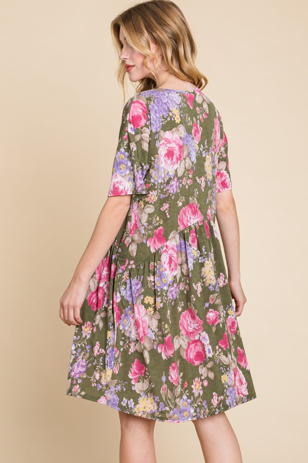 BOMBOM Flower Print V-Neck Ruched Dress | us.meeeshop