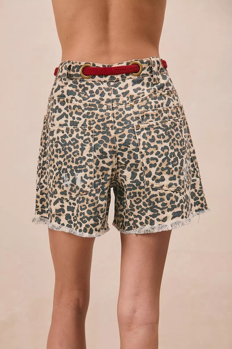 Bibi Braided Waist Belt Patch Pockets Leopard Print Shorts LEOPARD/RED view 3 (bottom) - print shorts,  - shop at us.meeeshop