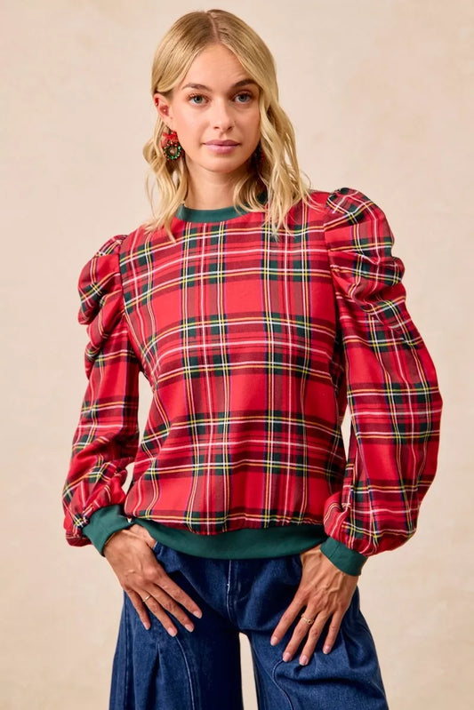 Bibi Christmas Plaid Exaggerated Shoulder Sleeves Top in RED PLAID - Bibi Christmas Tops