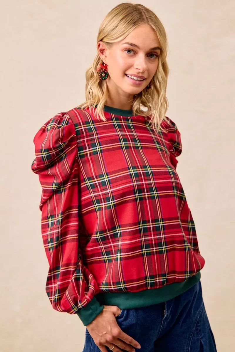 Bibi Christmas Plaid Exaggerated Shoulder Sleeves Top view 10 - Bibi Christmas Tops