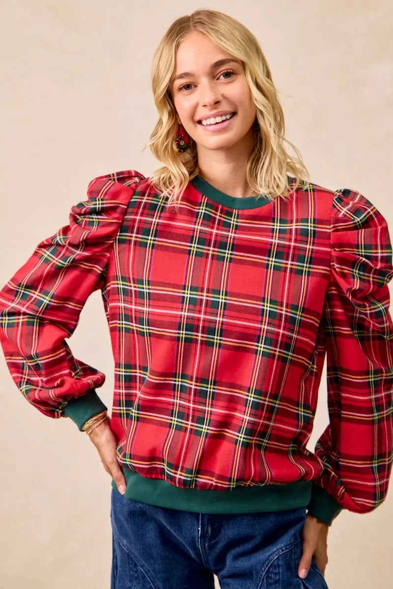 Bibi Christmas Plaid Exaggerated Shoulder Sleeves Top view 11 - Bibi Christmas Tops