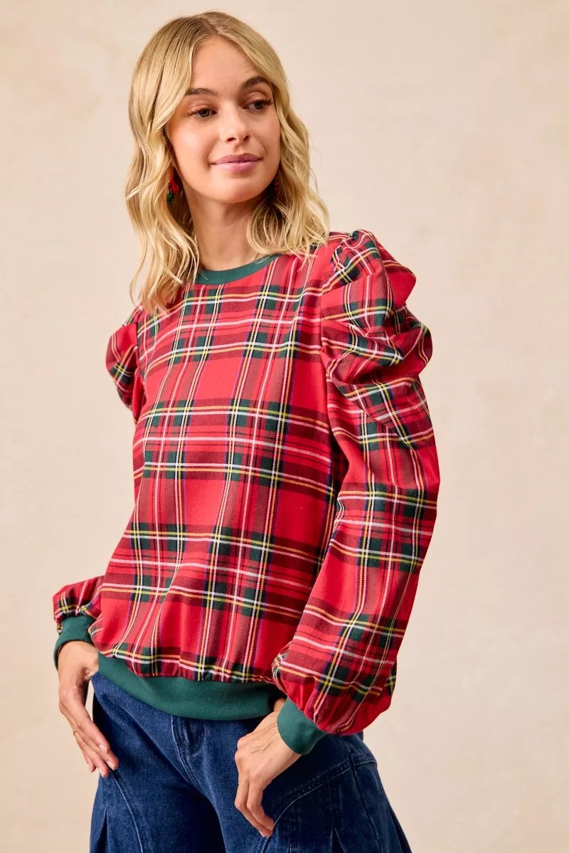 Bibi Christmas Plaid Exaggerated Shoulder Sleeves Top view 12 - Bibi Christmas Tops