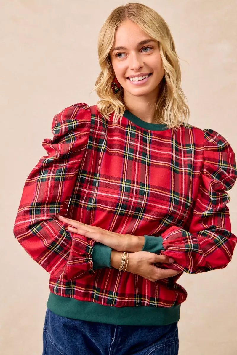 Bibi Christmas Plaid Exaggerated Shoulder Sleeves Top view 13 - Bibi Christmas Tops