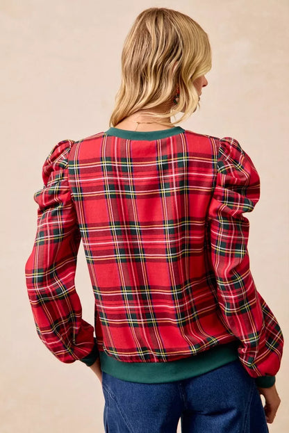 Bibi Christmas Plaid Exaggerated Shoulder Sleeves Top view 14 - Bibi Christmas Tops