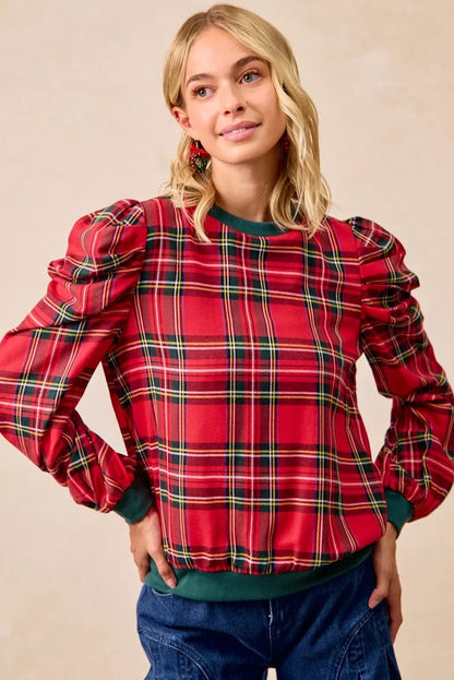 Bibi Christmas Plaid Exaggerated Shoulder Sleeves Top in RED PLAID view 2 - Bibi Christmas Tops
