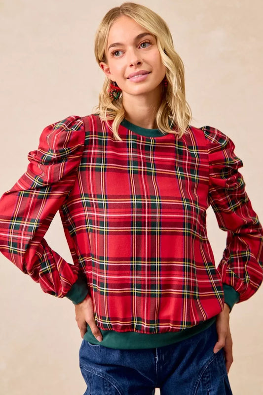 Bibi Christmas Plaid Exaggerated Shoulder Sleeves Top in RED PLAID view 2 - Bibi Christmas Tops