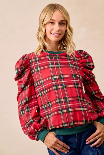 Bibi Christmas Plaid Exaggerated Shoulder Sleeves Top in RED PLAID view 3 - Bibi Christmas Tops