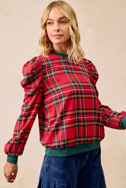 Bibi Christmas Plaid Exaggerated Shoulder Sleeves Top in RED PLAID view 4 - Bibi Christmas Tops
